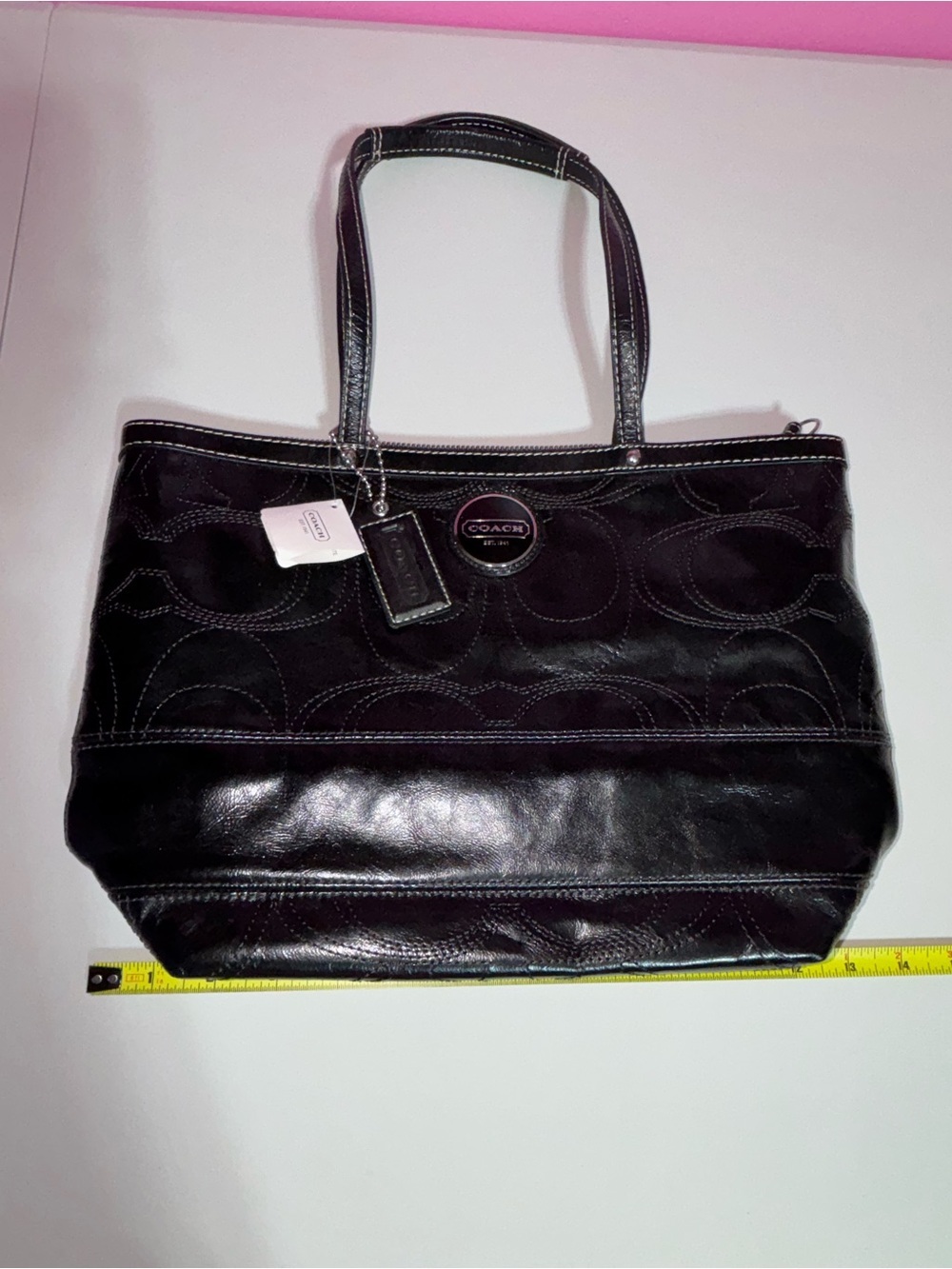 Coach Signature Stitched Patent Tote Black Leather Shoulder Bag NWT MSRP $328 - Picture 2 of 11